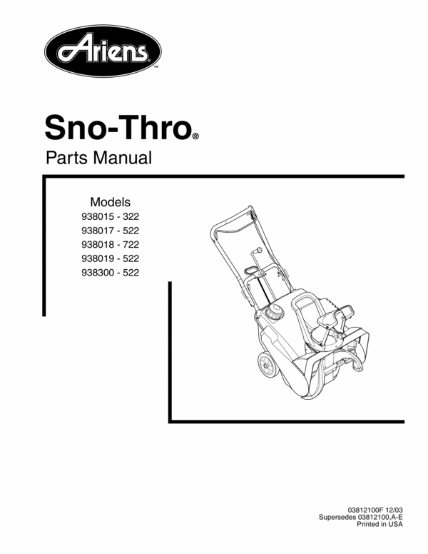 Product picture Ariens Sno - Thro 938017 - 522 Parts Manual